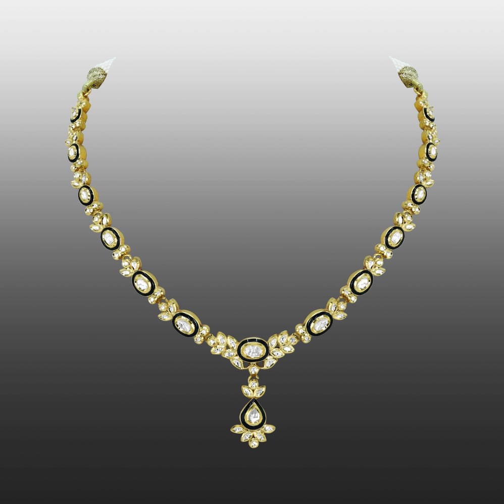 Polki Necklace with Black Meena Oval Motif